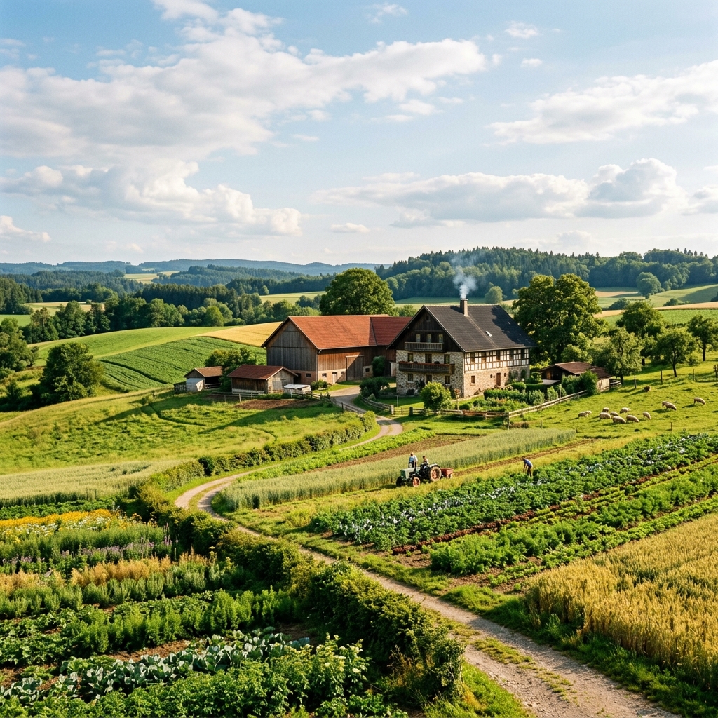 Malerische Landschaft eines Bio-Bauernhofs in Thüringen