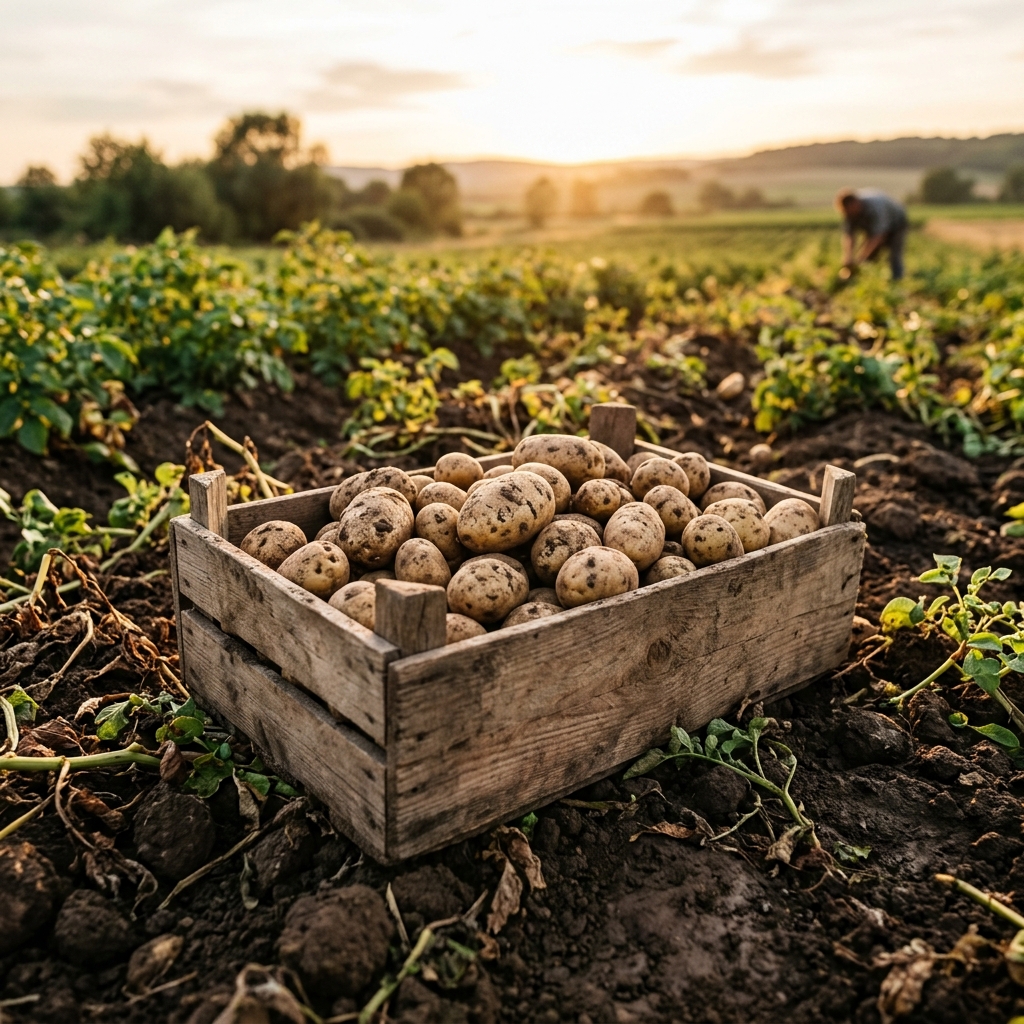Frisch geerntete Bio-Kartoffeln in einer rustikalen Holzkiste auf einem Thüringer Acker